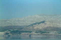 Looking across the Dead Sea to Jordan. An interesting shape in the mountainside.