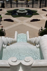 A cascading waterfall leads down to the bottom of the Baha'i Gardens.